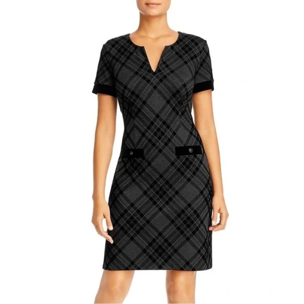 KARL LAGERFELD PARIS Velvet-Trimmed Plaid Dress